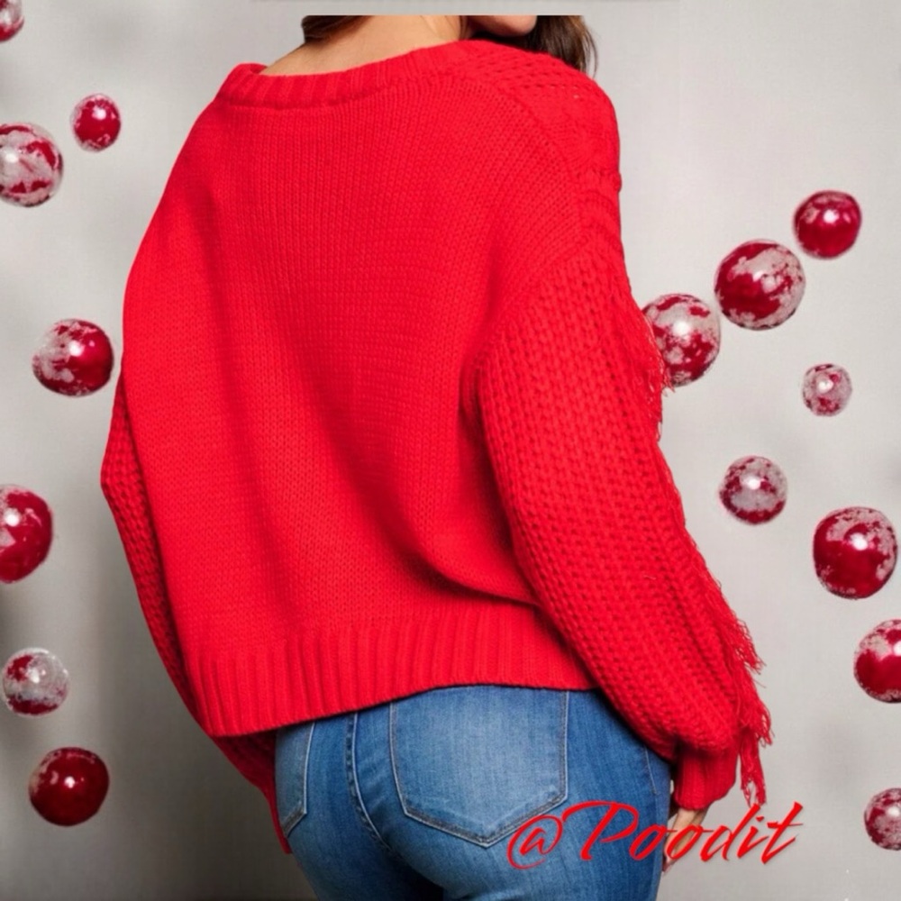 DAY & MOON Red knit fringe sleeve cardigan S M L - Picture 5 of 10